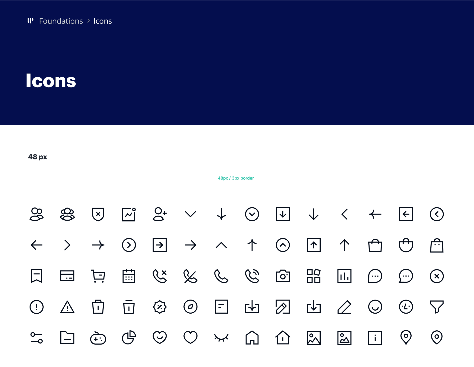 The Icons 48px page: the outlined icon set at 48px