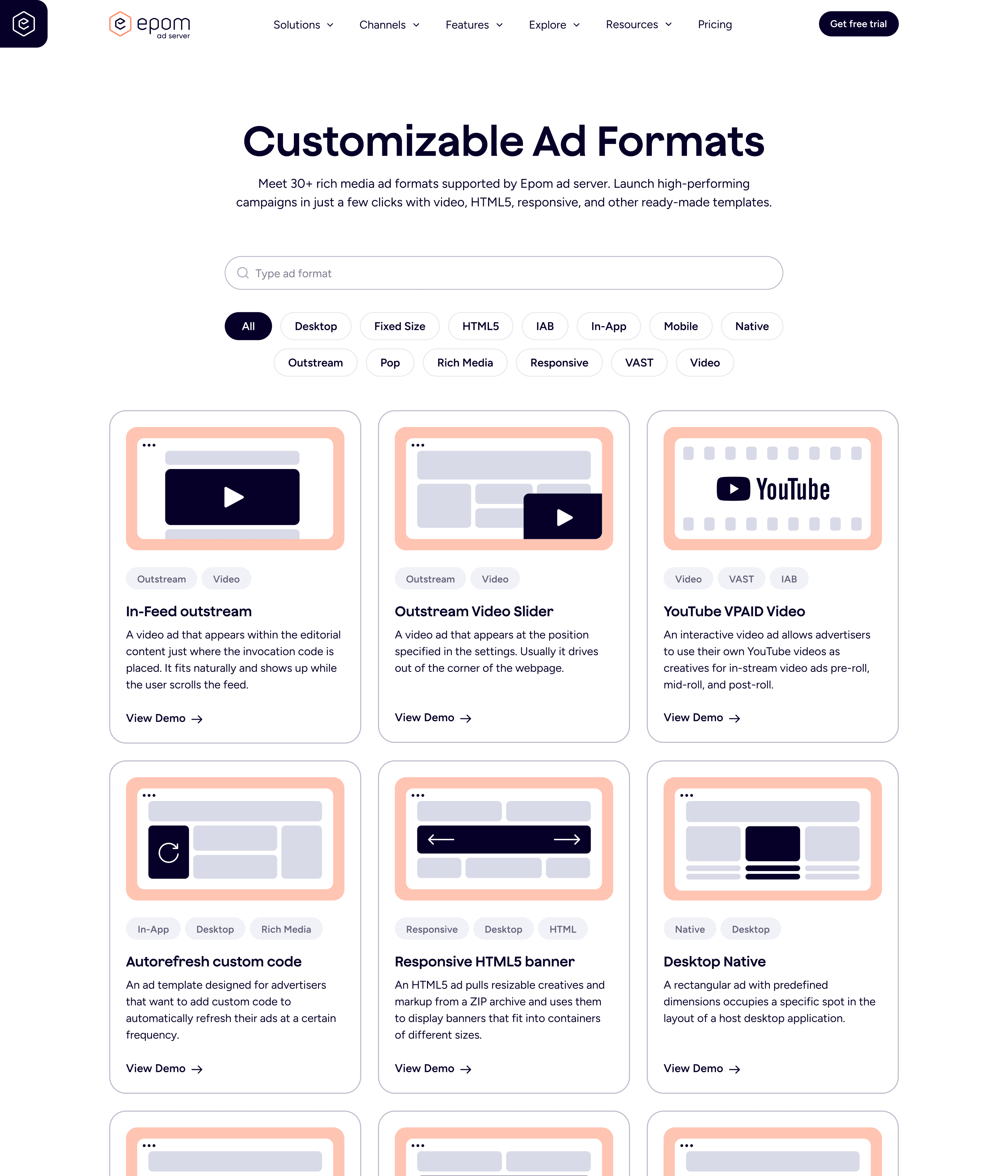 Ad server ad formats: the Epom Ad Server's ad formats page, full length