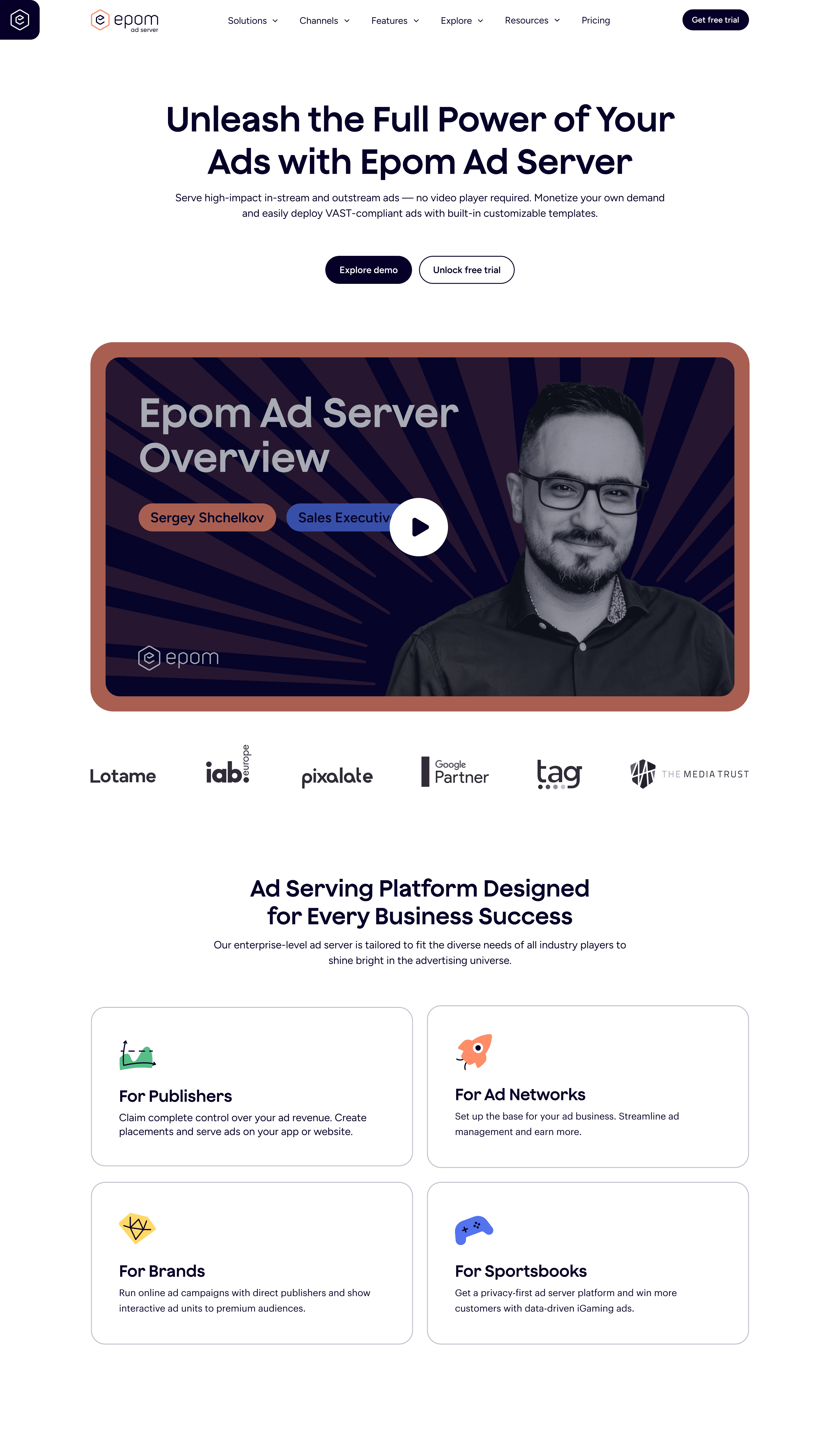 Ad server main page: the Epom Ad Server's own product page, full length