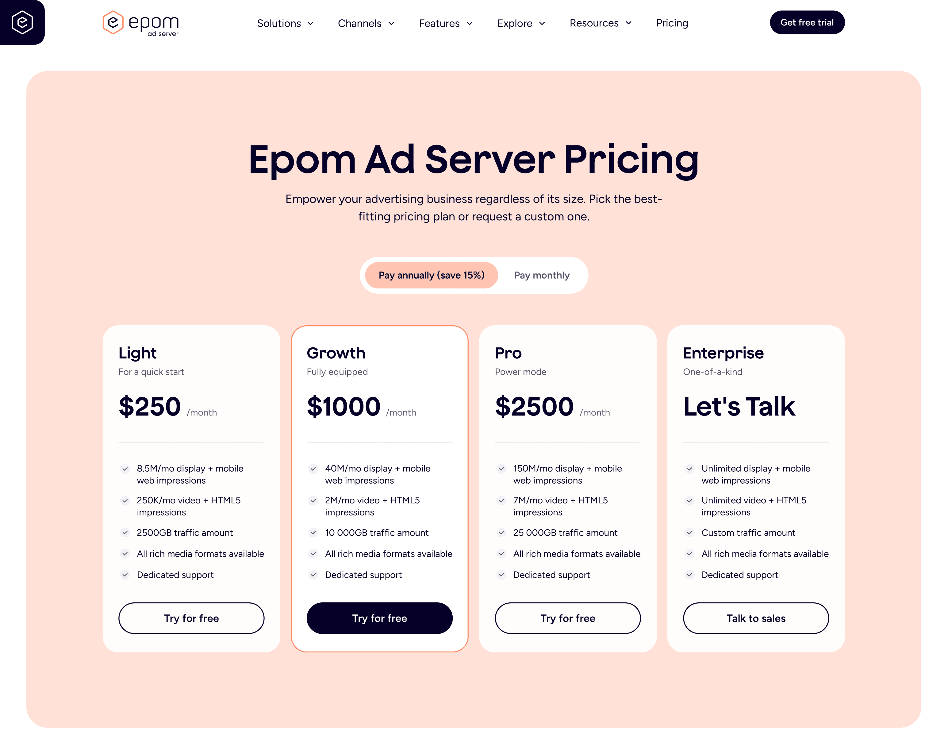 Ad server pricing: the Epom Ad Server's pricing page, full length
