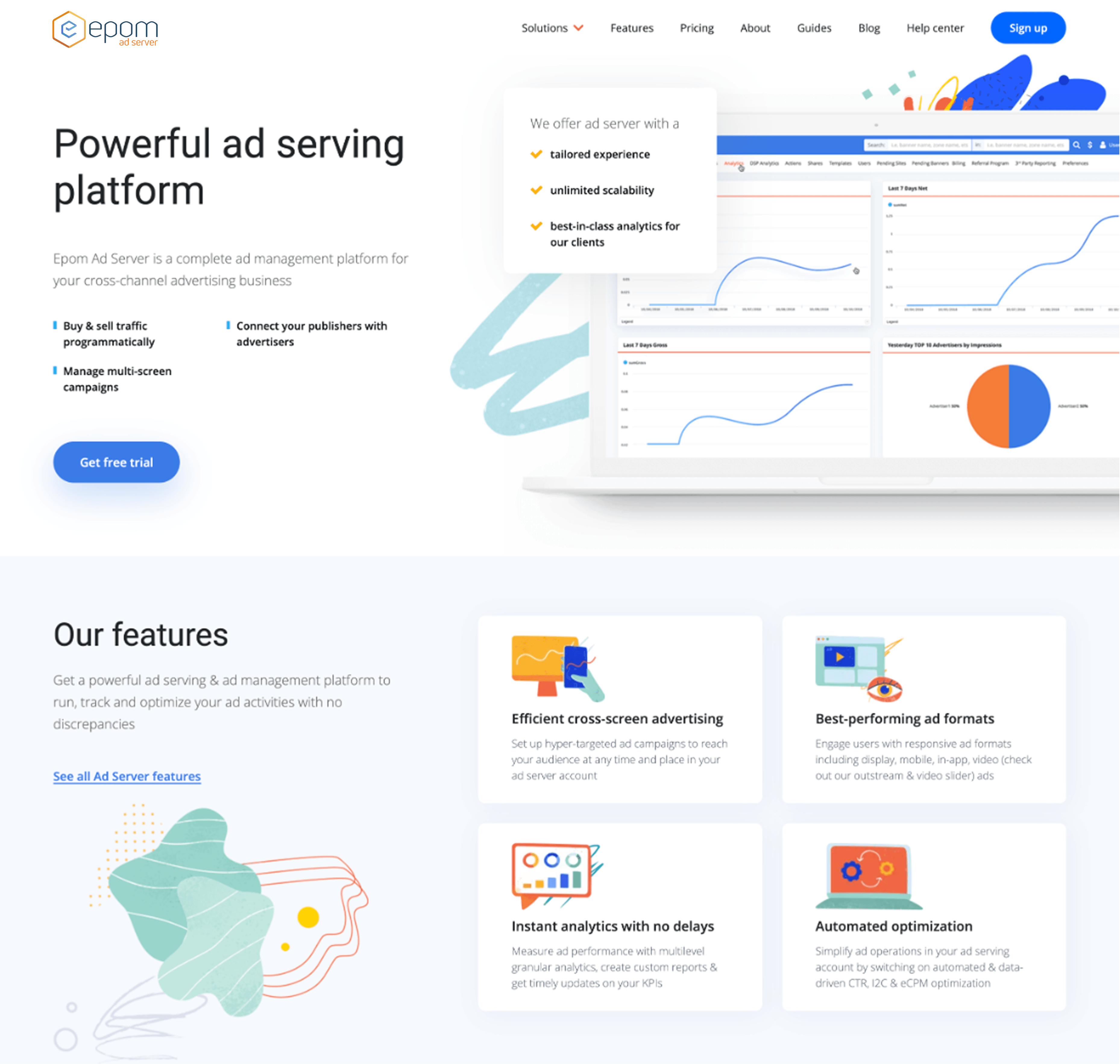 The old Epom home page: Powerful ad serving platform