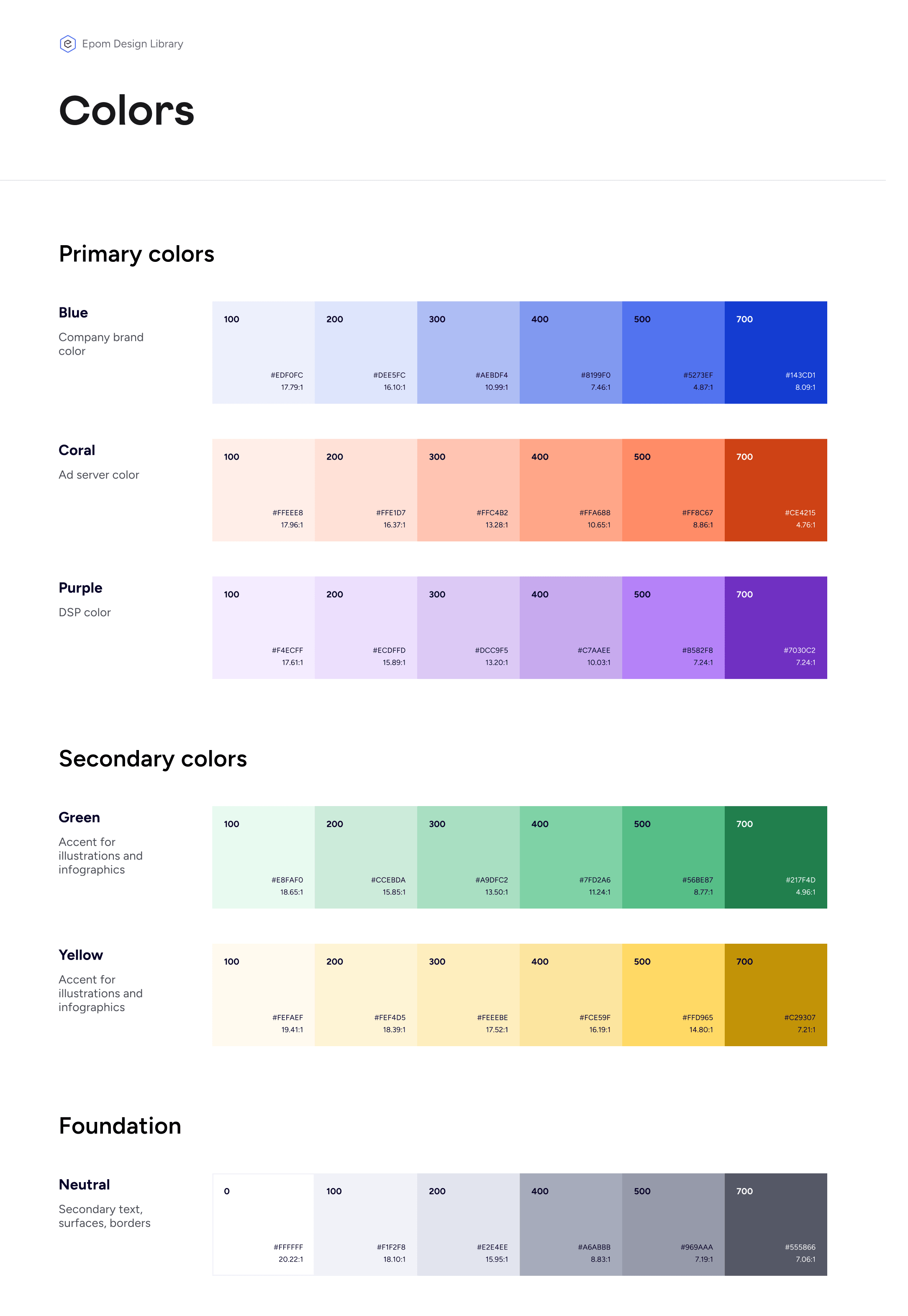 The Colors page: primary palette plus the Ad Server and DSP accent colours