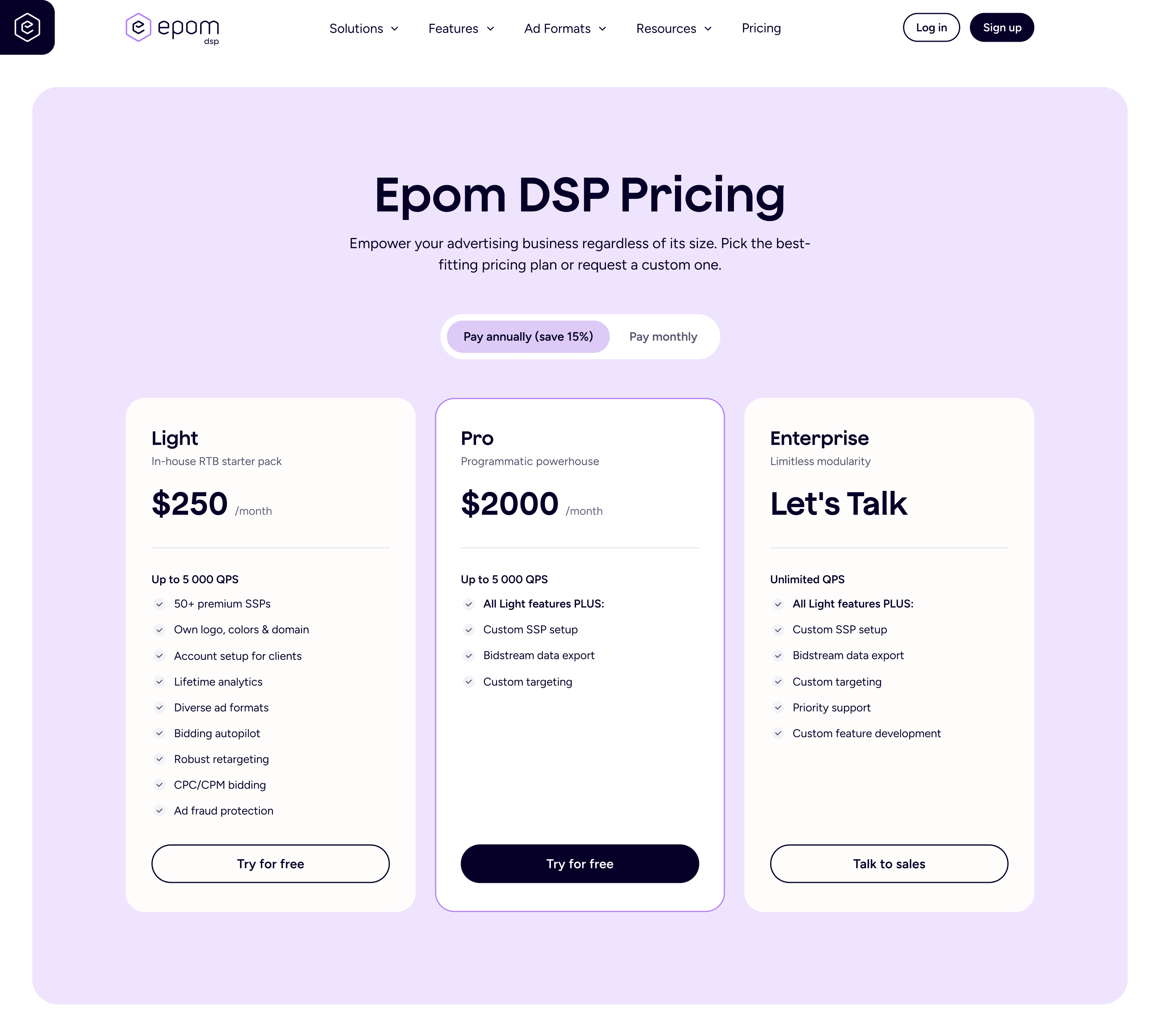 DSP pricing: the Epom DSP's pricing page, full length