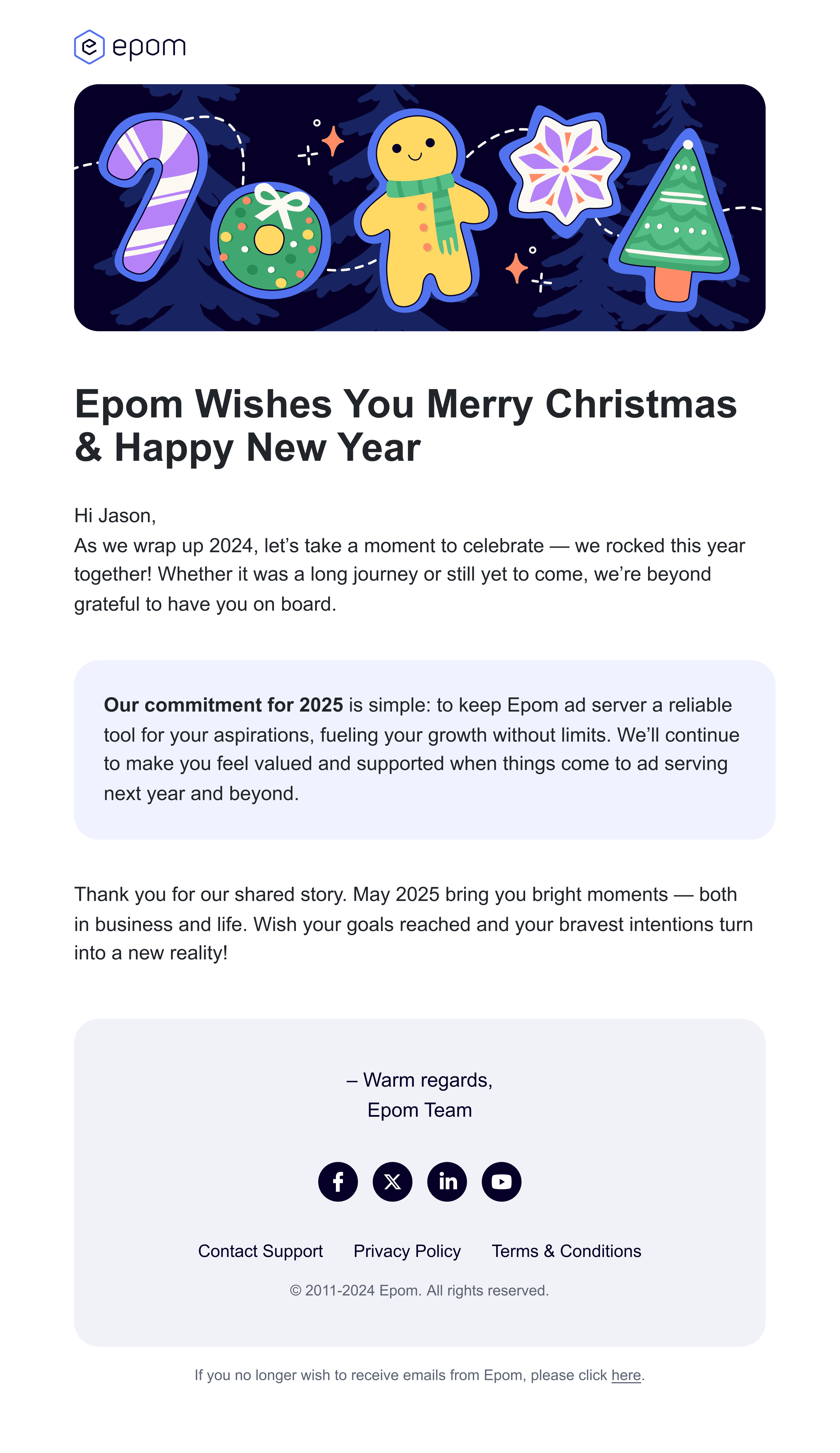 “Epom Wishes You Merry Christmas and Happy New Year” email
