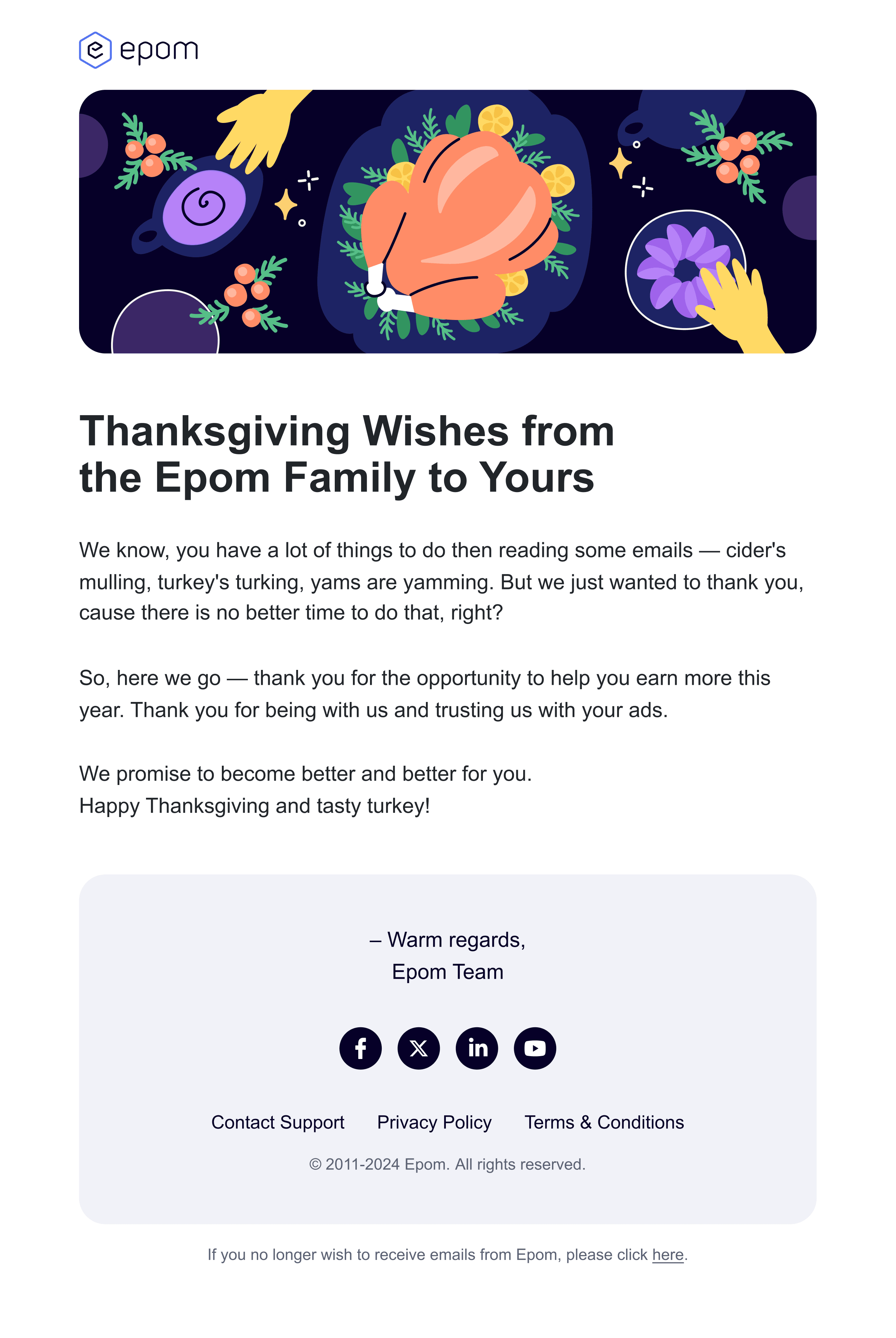“Thanksgiving Wishes from the Epom Family to Yours” email