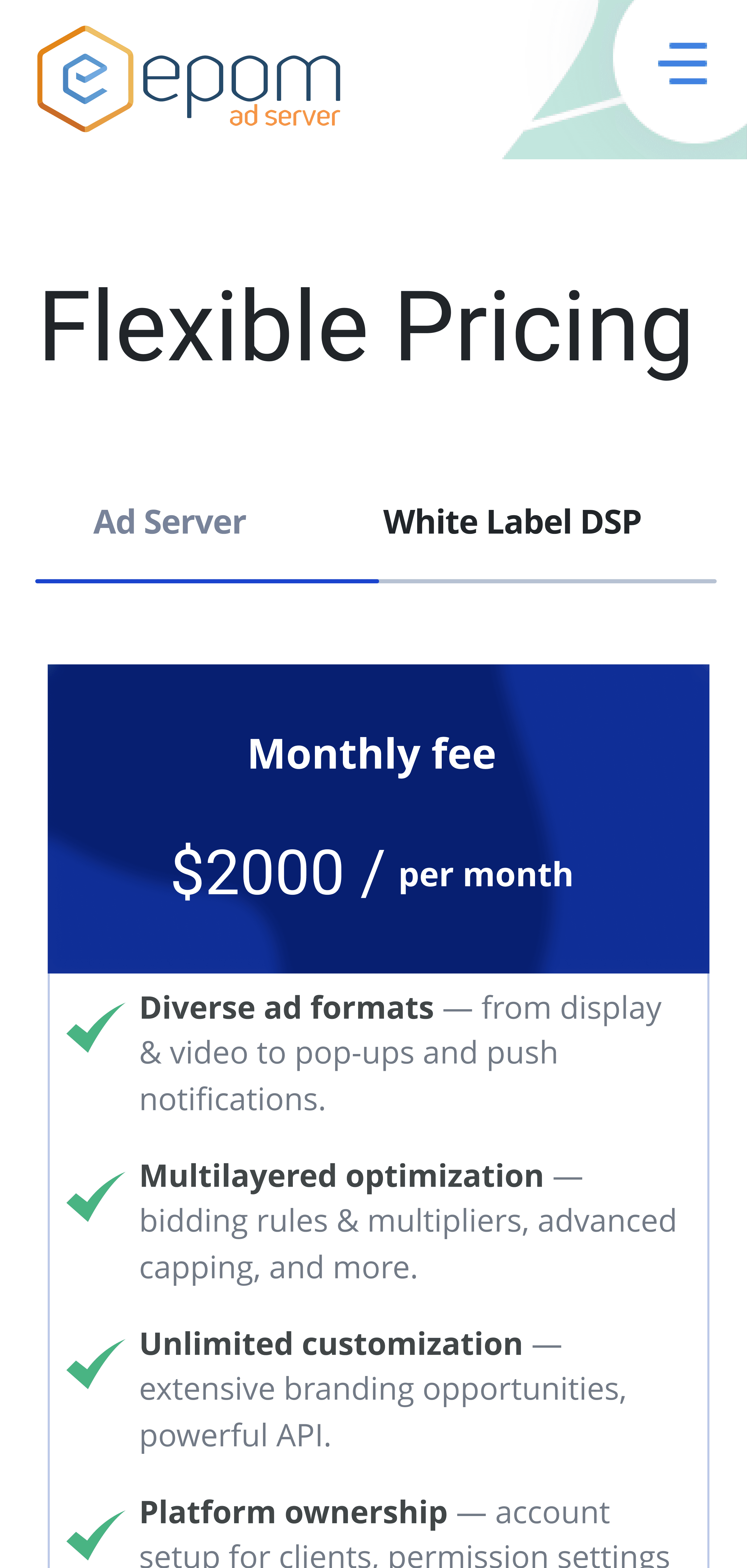 The old DSP pricing page on a phone