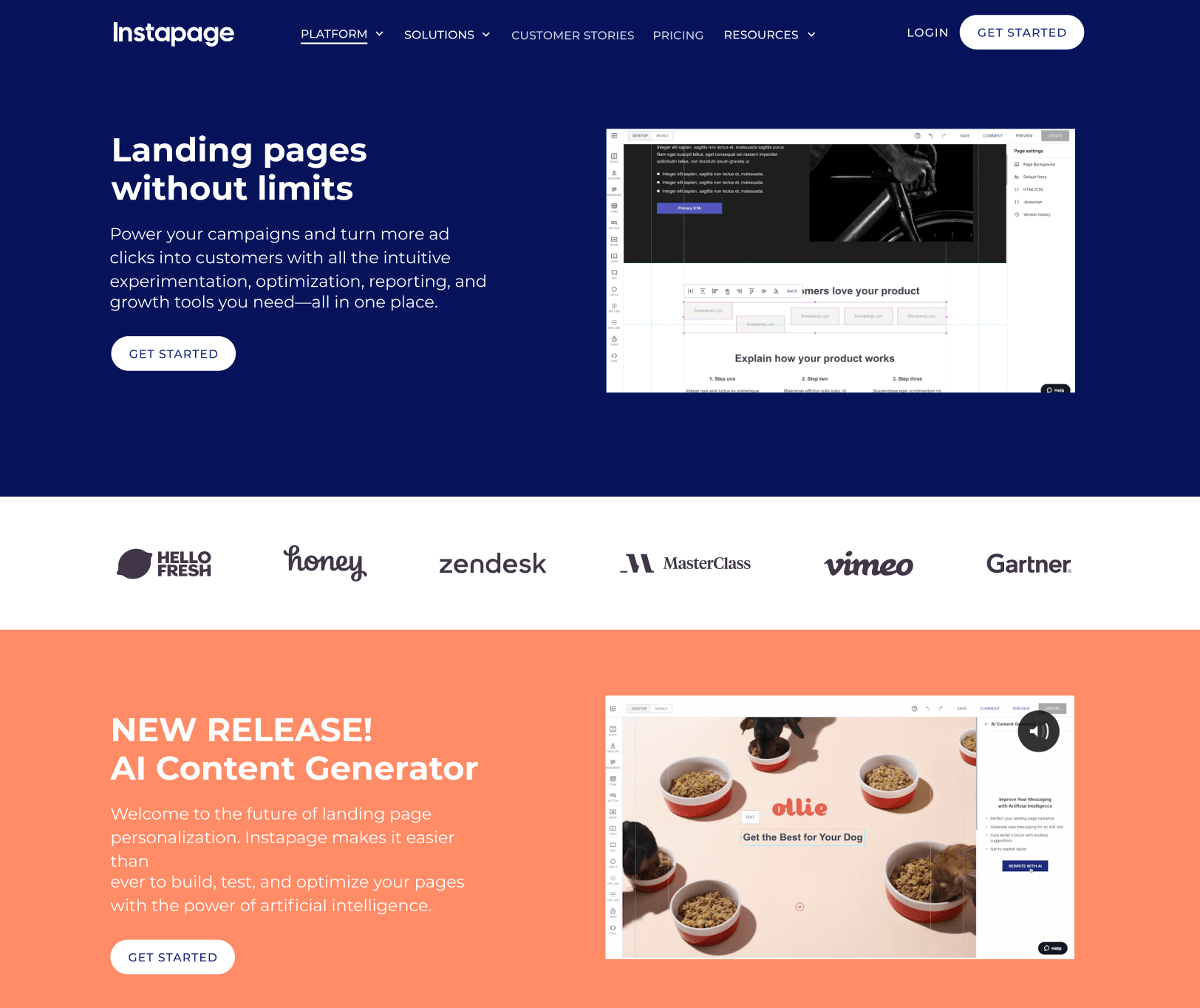 The old Instapage home page