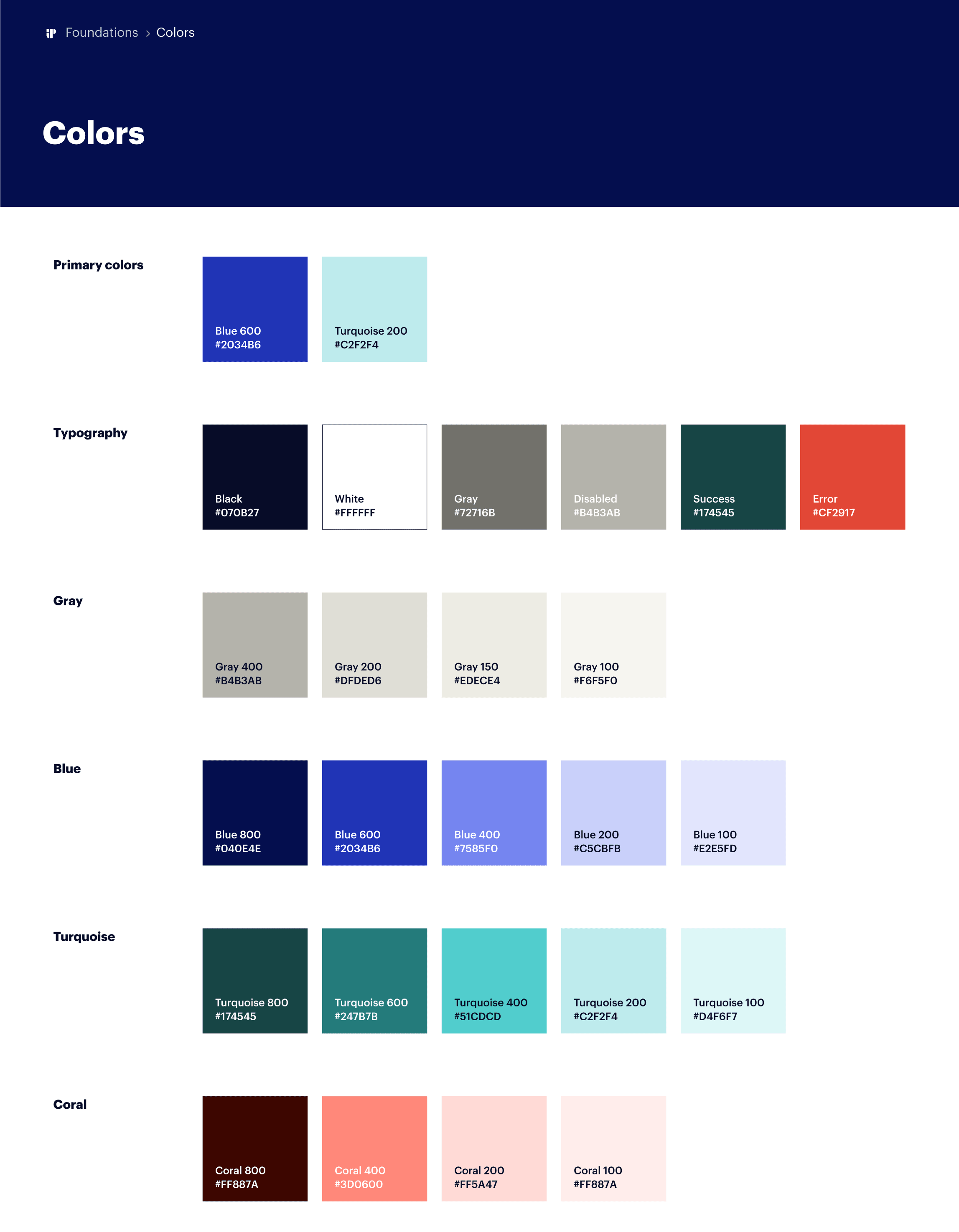 The Colors page: primary, typography, grey, blue, turquoise and coral swatches